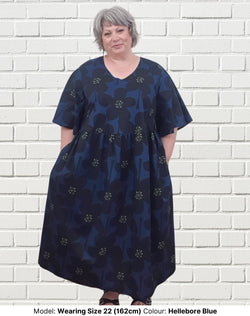 Plus size cotton dress v neck Hellebore Blue