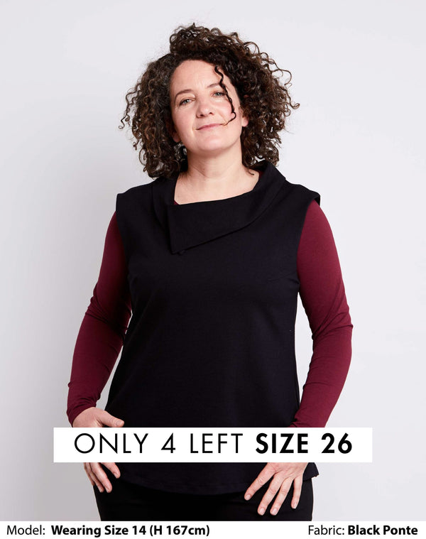 Sizes 14 and 26 | Plus Size Vest with Collar | Black Low Pill Ponte