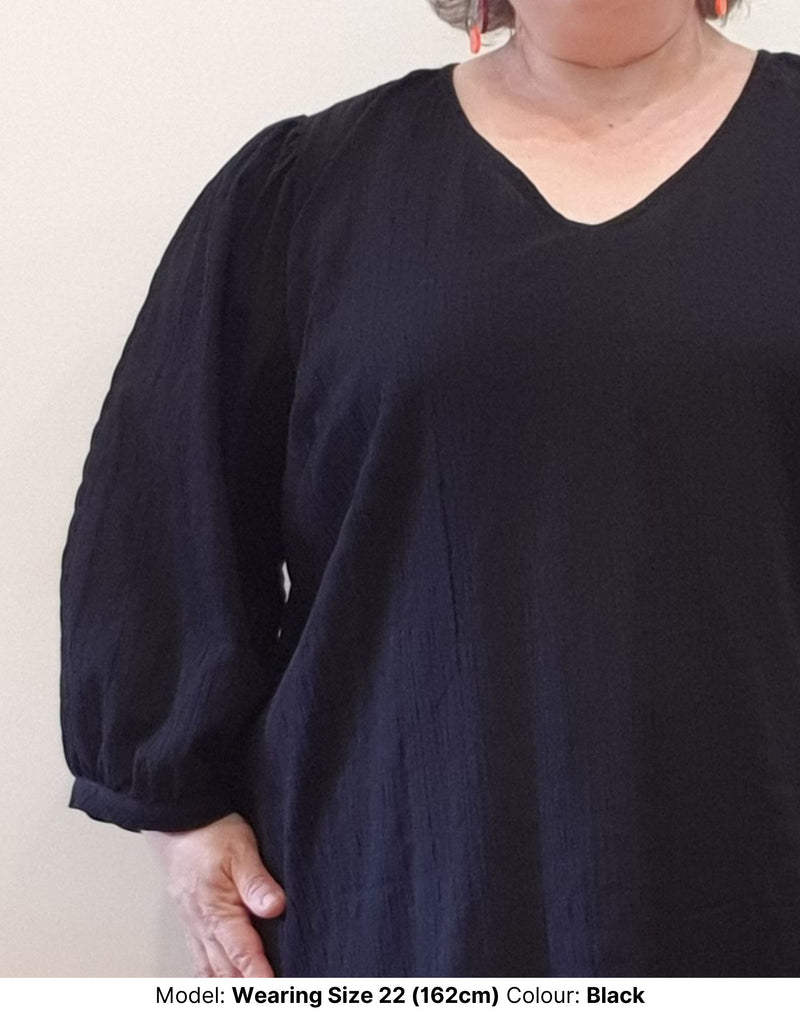Closer look to the sleeve details of the plus size cotton v neck black work blouse