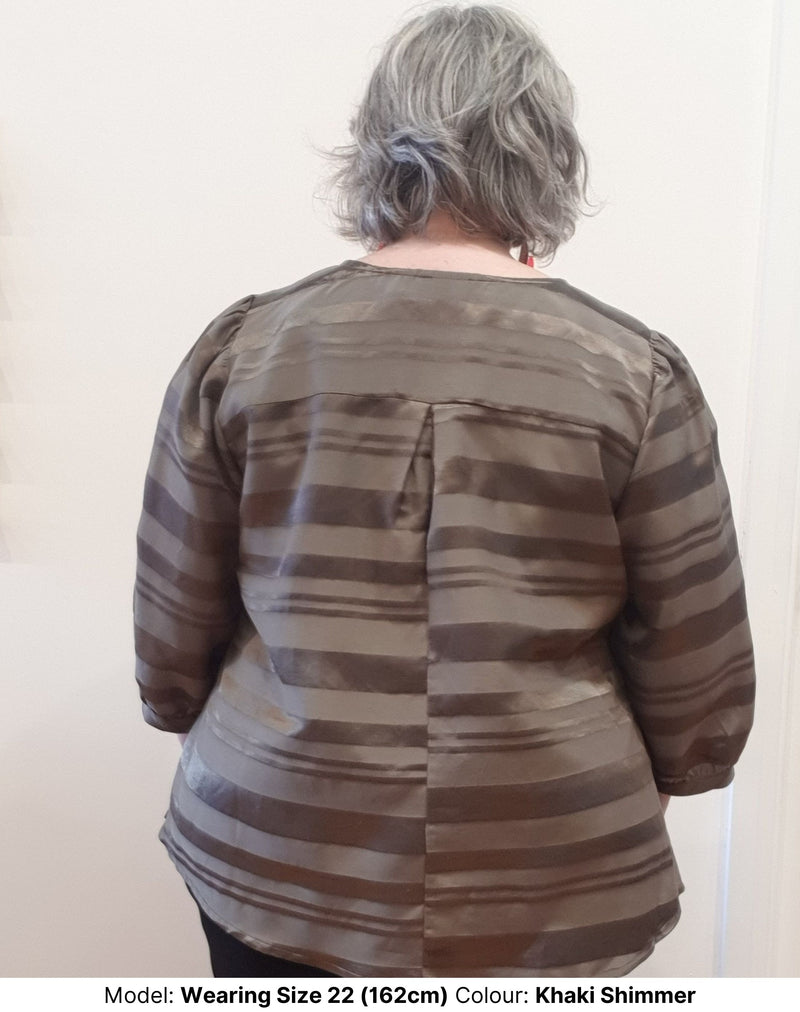 Back side of the plus size Khaki shimmer top