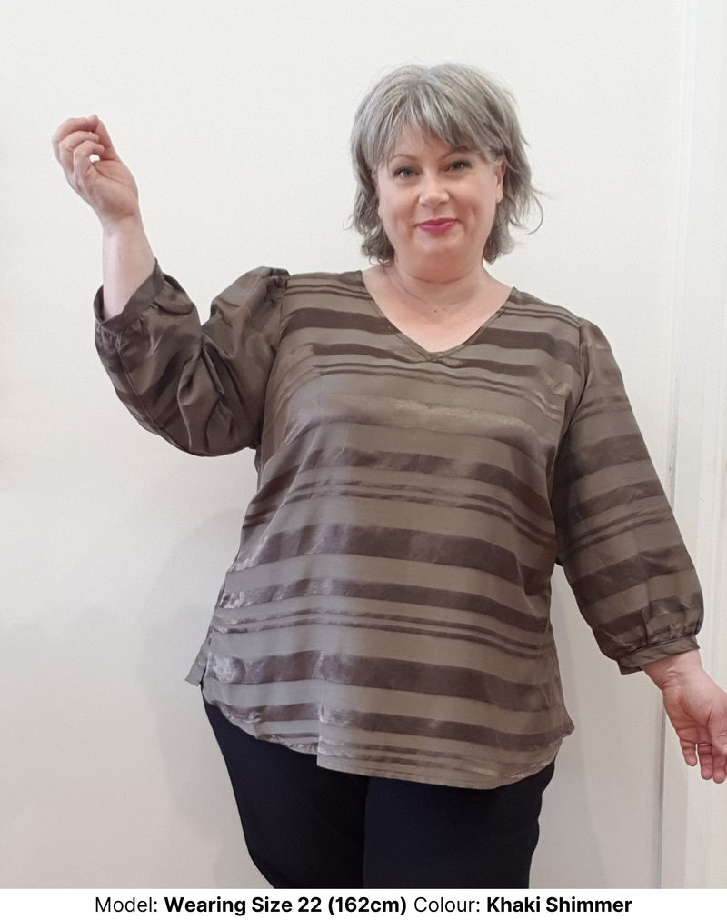 Wide sleeves of the plus size top in Khaki Shimmer