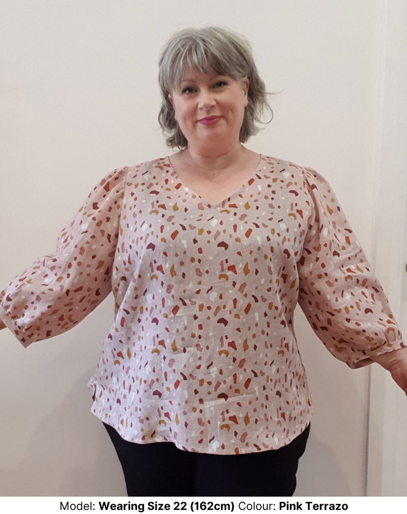 Plus size linen top with pink terrazzo print