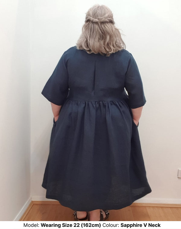 Back View of V Neck plus size dress in blue Sapphire Linen
