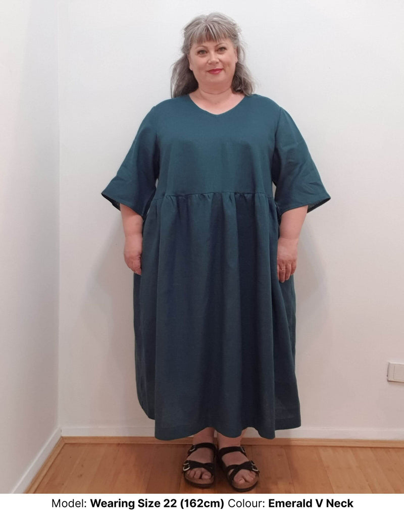 Emerald Linen V Neck Plus Size Dress Front