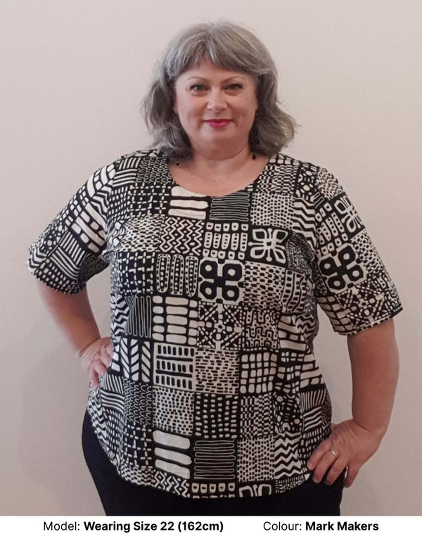 Front Black and Cream Plus size blouse in handdrawn print