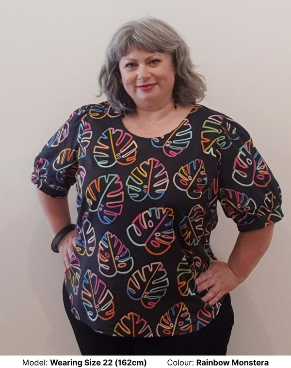 Front Black and mulit coloured monstera leaf Plus size blouse in hand drawn print