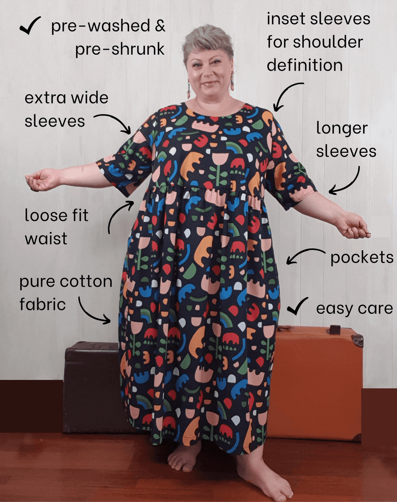 Chasing Springtime plus size dresses are wonderful because they're made from natural fibres, have extra wide sleeves beyond the elbows, pockets, a loose fit at the waist and inset sleeves for great shoulder definition