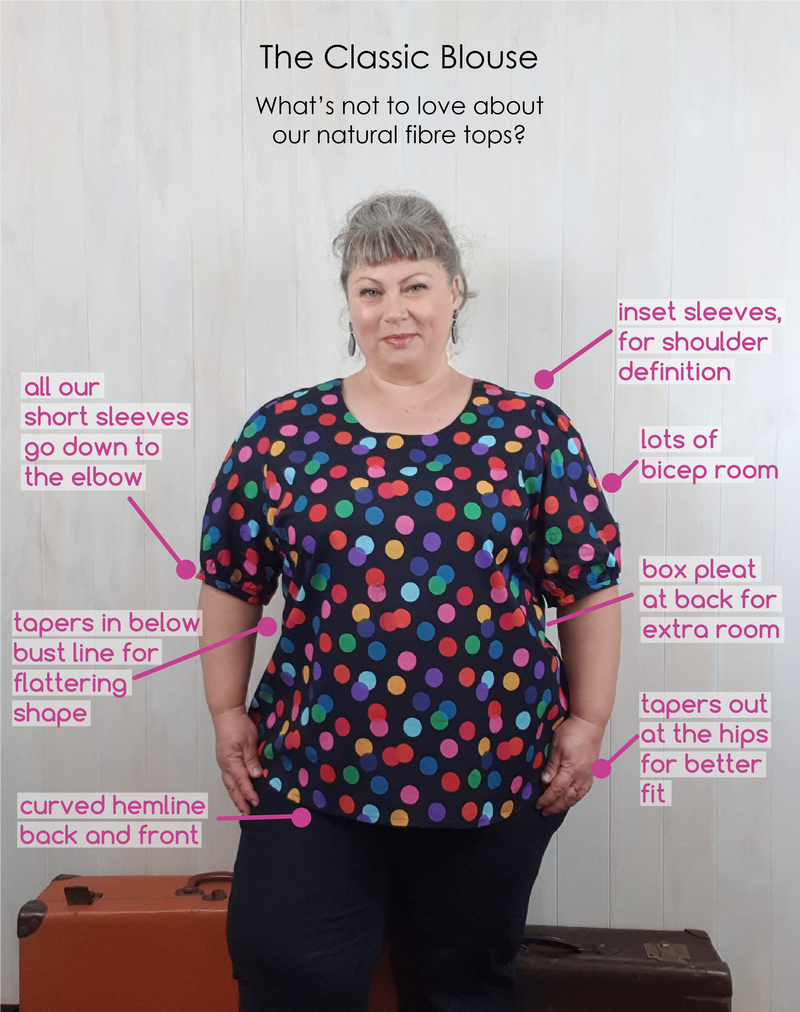 Extra bicep and hip room, flattering cuts and curved hemlines make our natural fibre plus size blouses a stylish addition to your wardrobe - available in sizes 12 to 26.